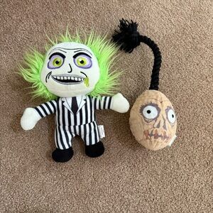 Beetlejuice Plush Squeaky Dog Toys with Neon Green Hair and Stripes